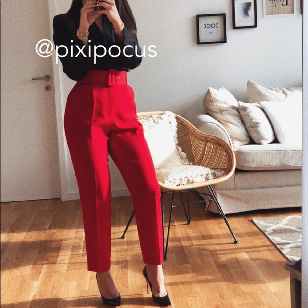 NWT ZARA BELTED HIGH WAISTED PANTS RED - Picture 14 of 16